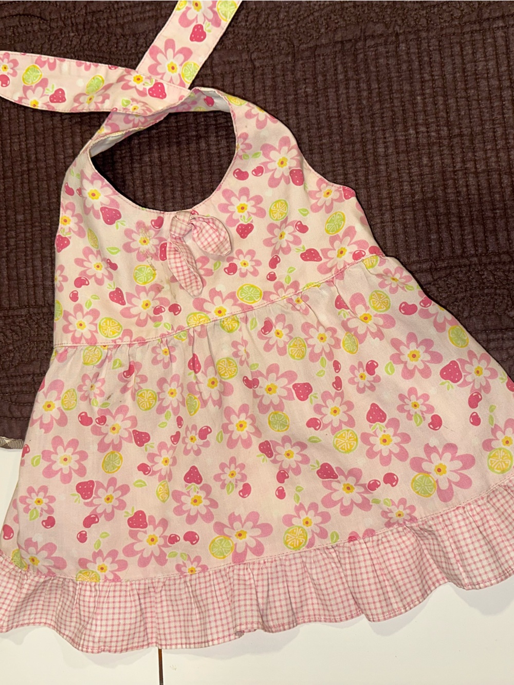 Pink Floral Halter Dress for Girls with Lemon and Strawberry Print